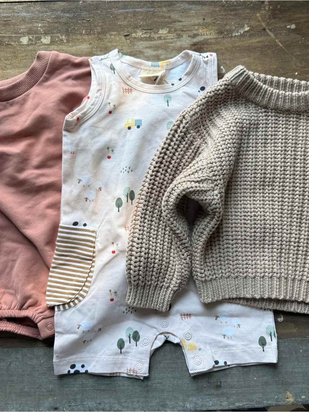 Kids Neutral Knit Sweater & Woodland Romper Set - Beige, Cream, Blush